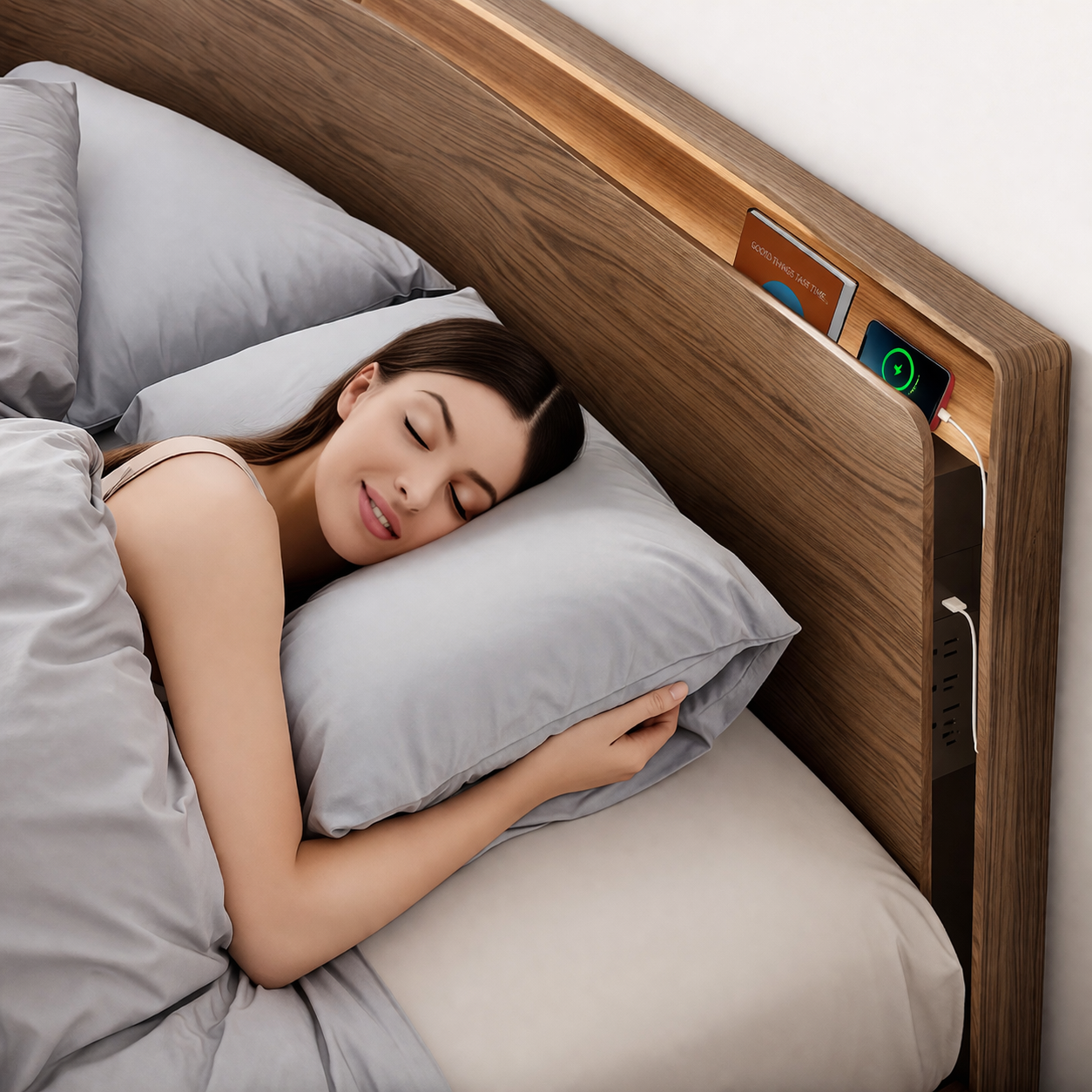 BDI Linq Bed. Woman sleeping in bed with a wooden headboard featuring electronic components.