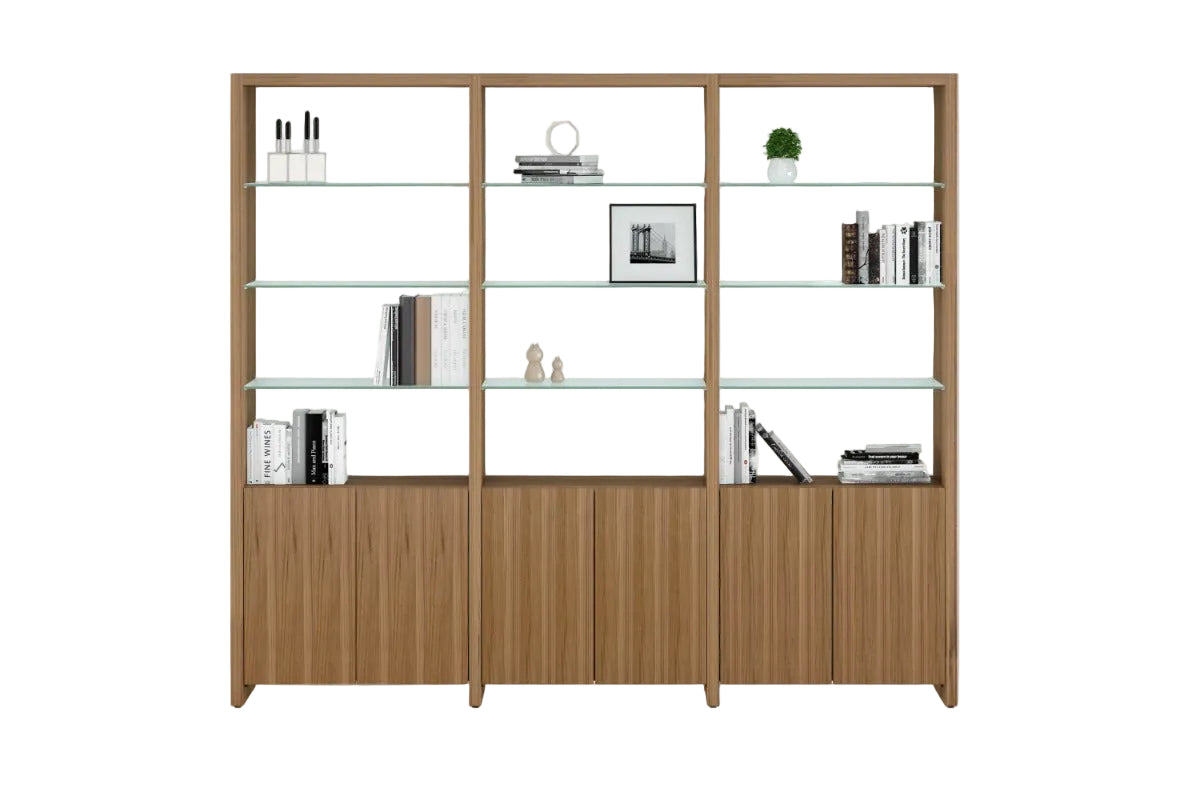 Wooden bookshelf with glass panels on a white background