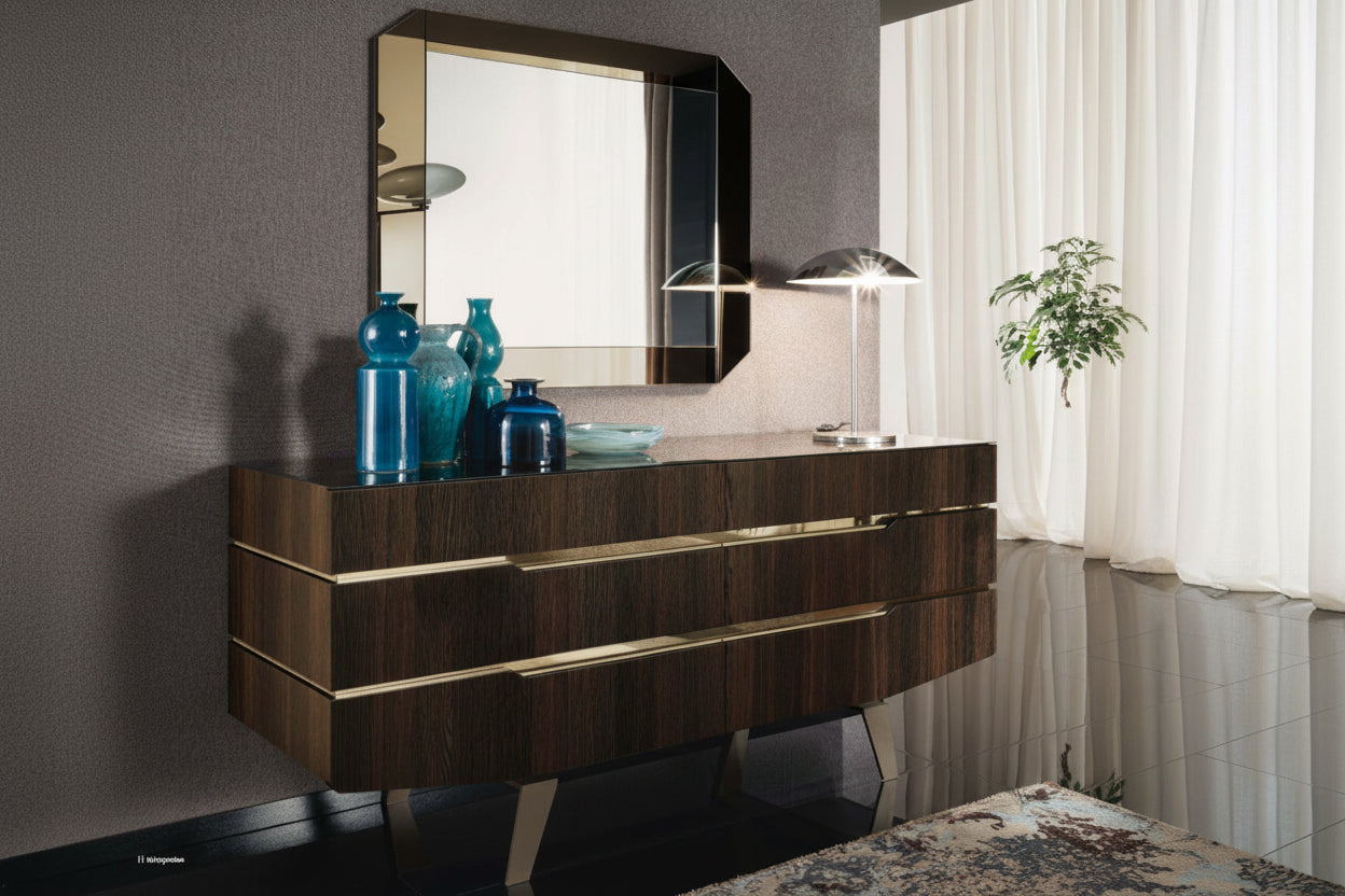 Accademia modern wooden dresser with decorative items in a room setting