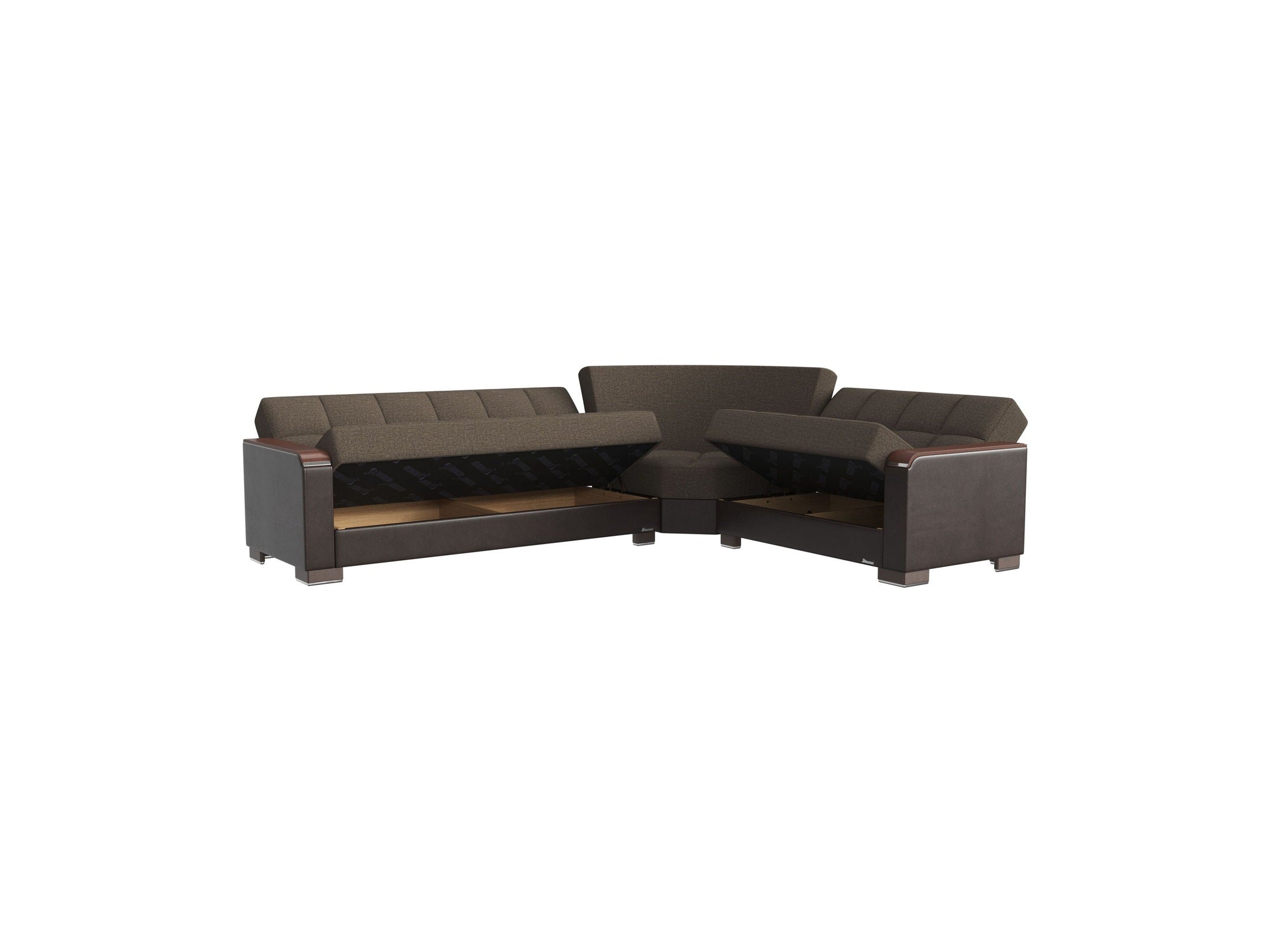 Ottomanson Armada X - Upholstered Convertible Wood Trimmed Sectional With Storage - Brown PU Polyester