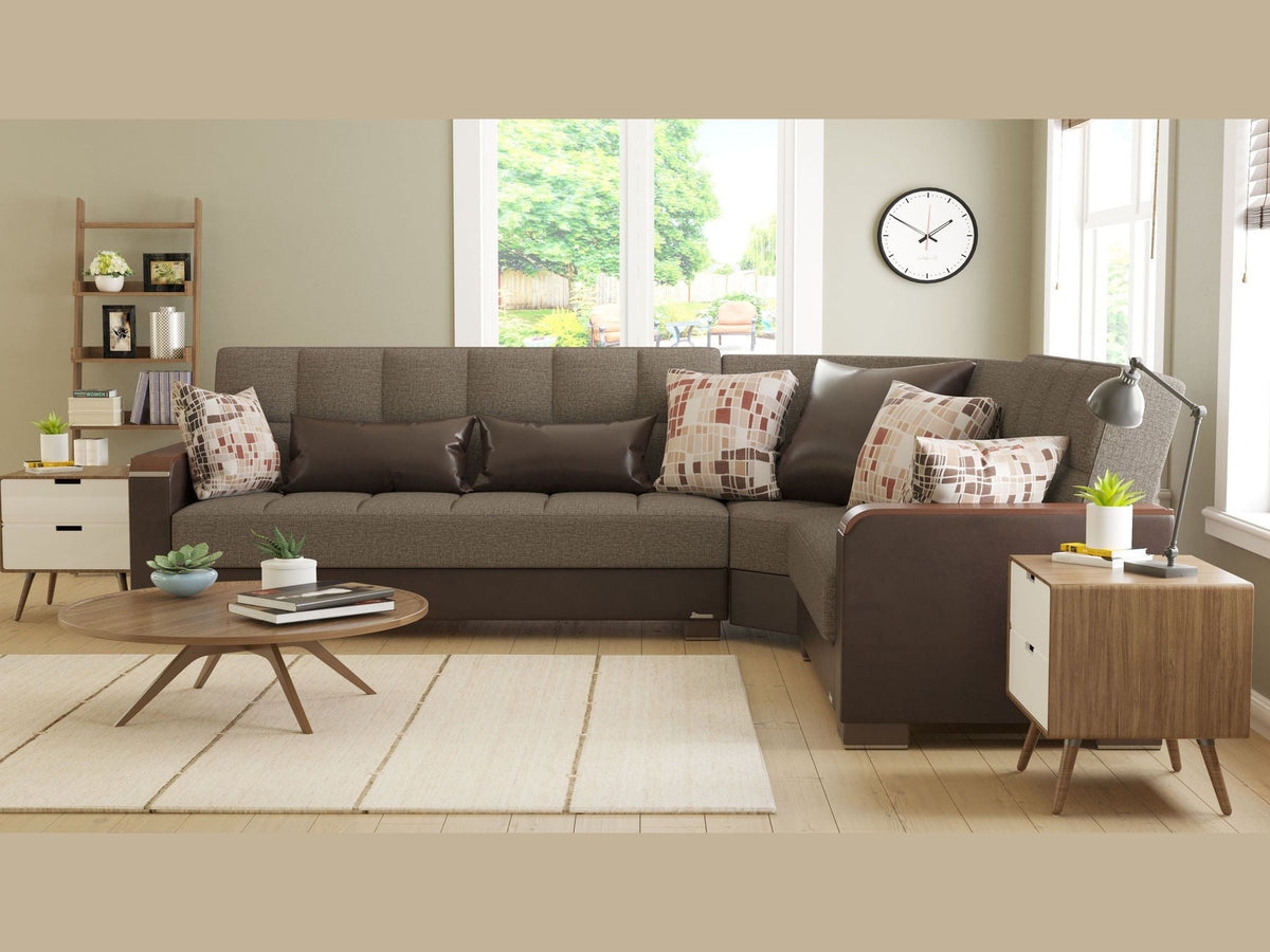 Ottomanson Armada X - Upholstered Convertible Wood Trimmed Sectional With Storage - Brown PU Polyester