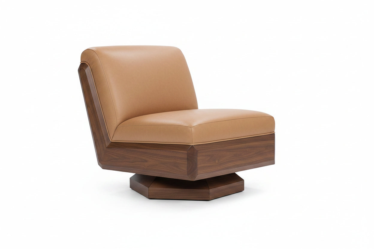 Brown leather and wood armchair on a white background