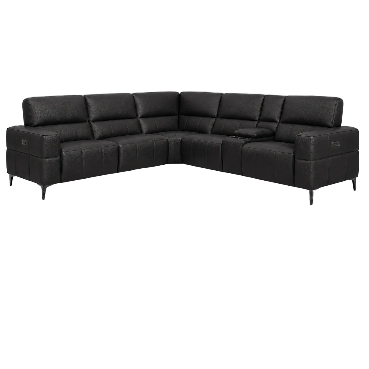 A black leather sectional sofa with a left chaise bar, a central console table, and a right recliner, shown against a plain light gray background.