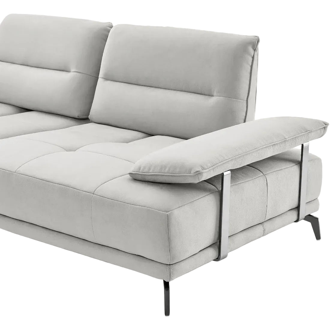 A modern light gray fabric sectional sofa features plush tufted seating and a unique floating armrest with sleek silver metal supports.