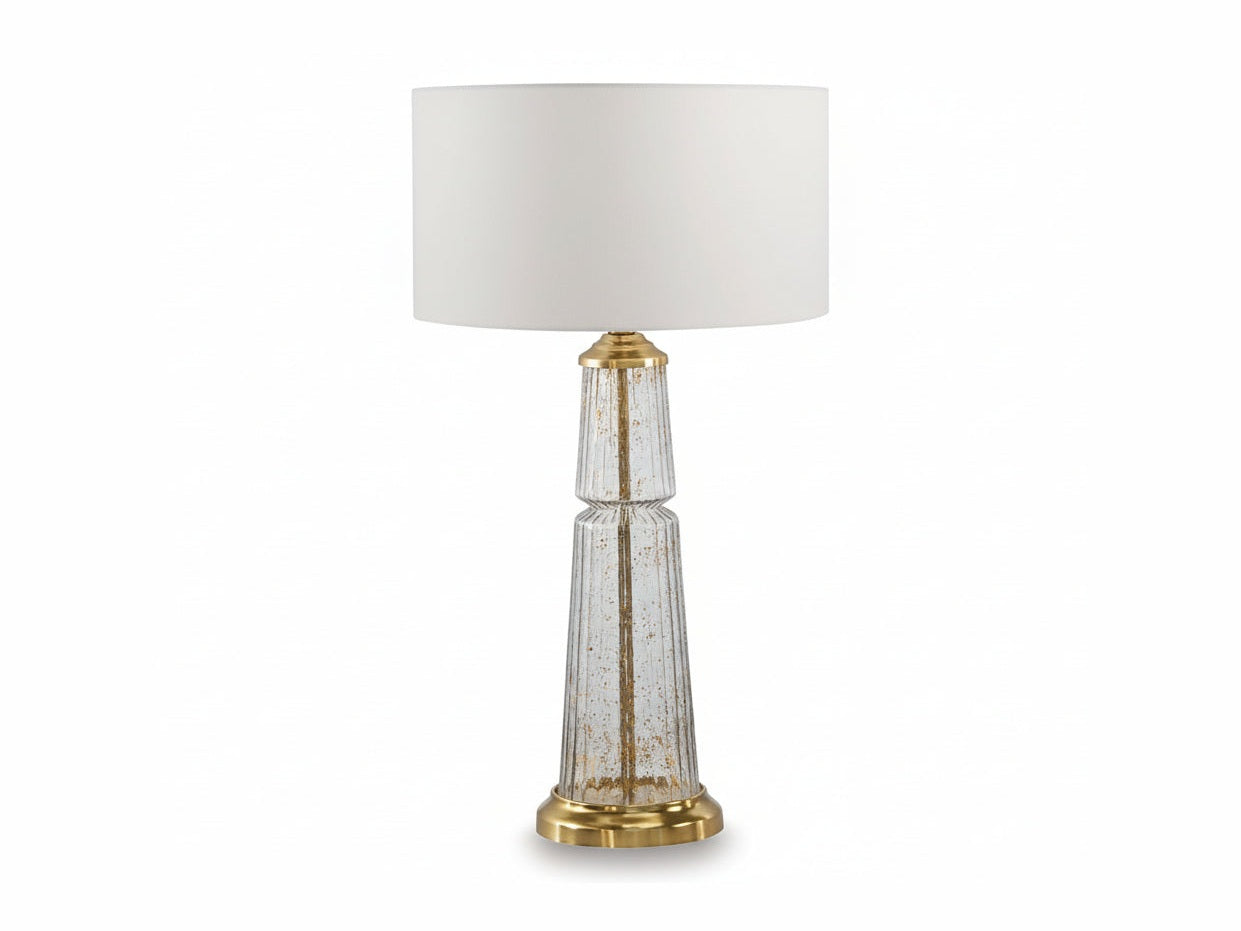 Bakersboro decorative table lamp with a white shade and gold base on a white background.