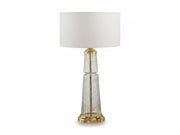 Bakersboro decorative table lamp with a white shade and gold base on a white background.
