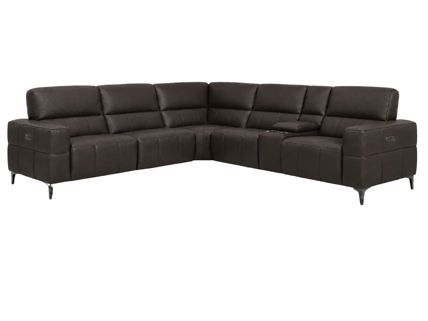 A dark brown leather sectional sofa with a chaise lounge on the left side and a center console, shown against a plain white background.