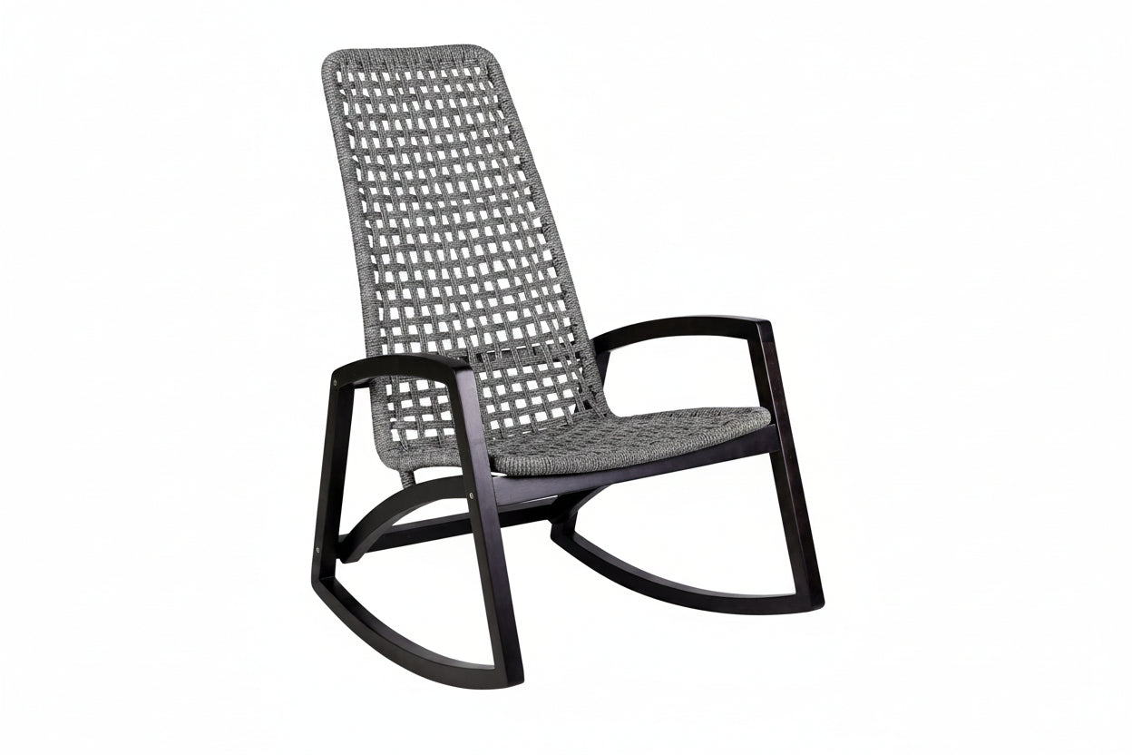 Rattan rocking chair with black frame on a white background