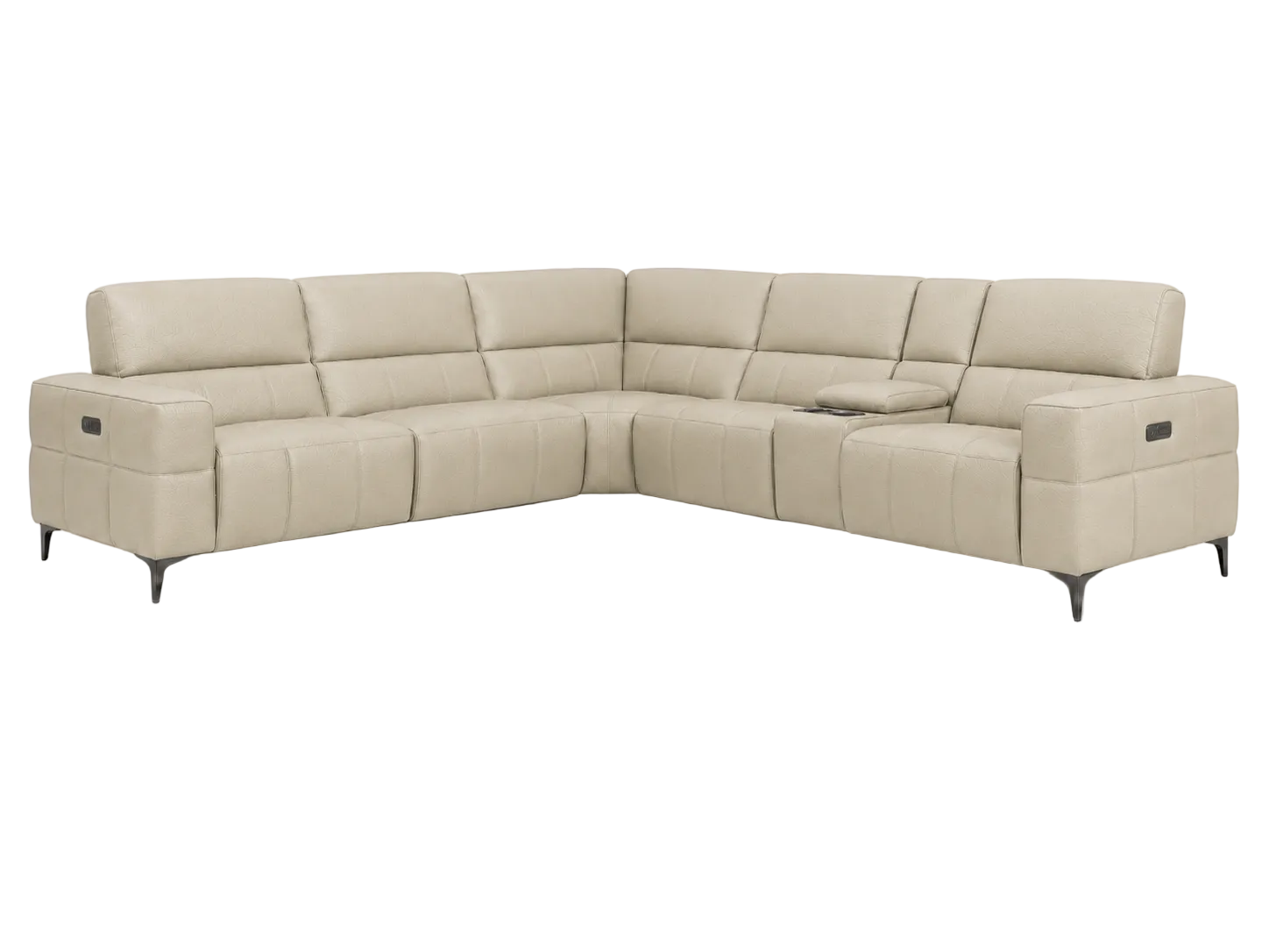 A light beige sectional sofa with a left-facing chaise lounge and a center console insert, shown from a three-quarter angle on a white background.