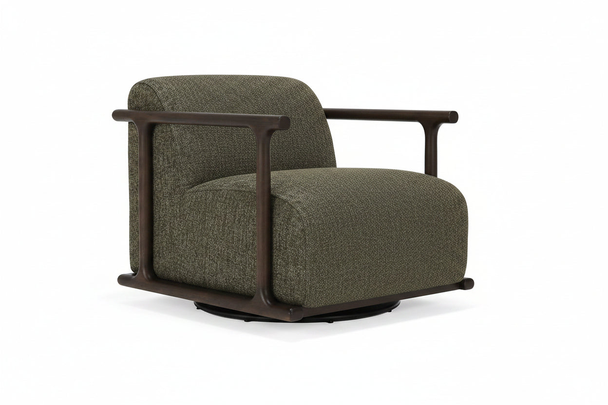 Green upholstered armchair with wooden frame on a white background