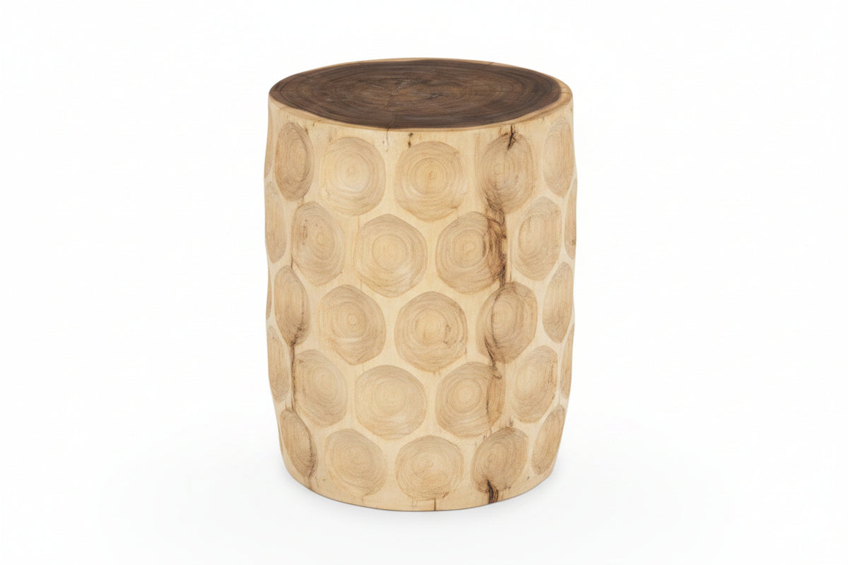 Wooden stool with a textured surface on a white background