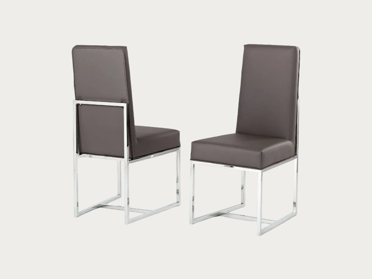 Two Bess gray chairs with metal frames on a dark background