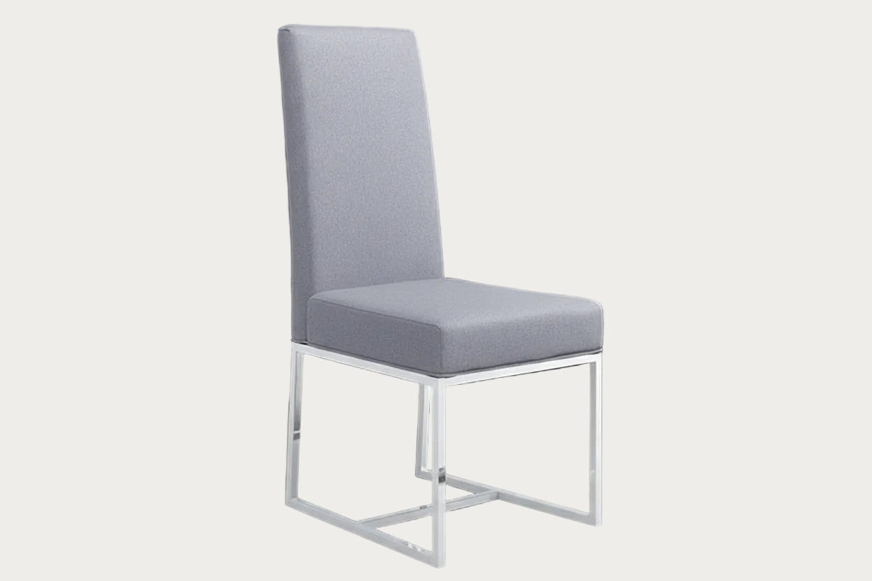 Bess gray fabric upholstered chair with a metal frame on a dark background