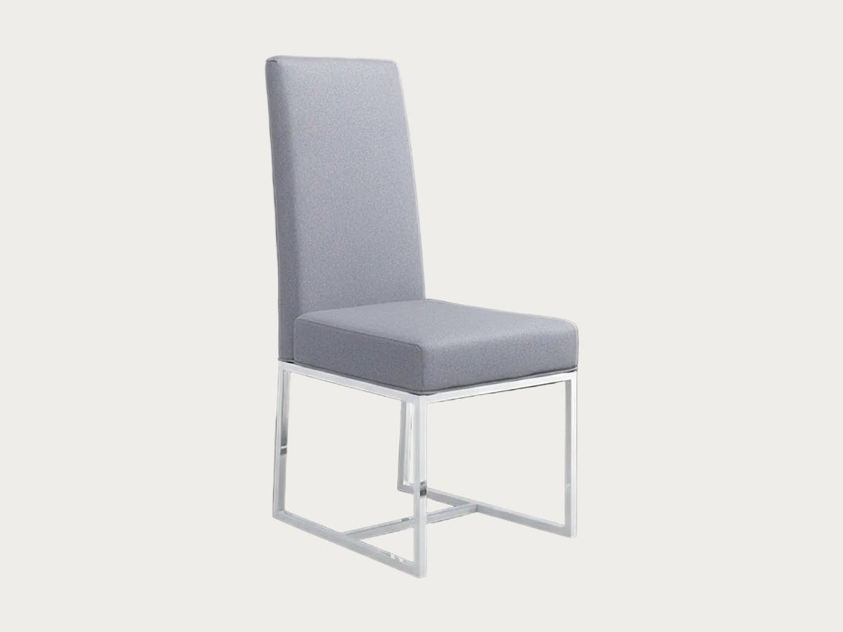 Bess gray fabric upholstered chair with a metal frame on a dark background