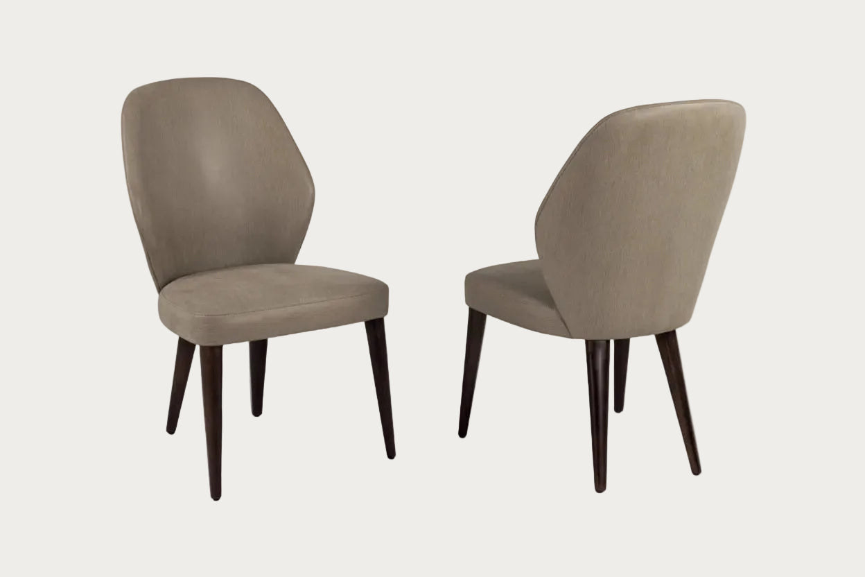 Two Tessa brown upholstered chairs on a white background