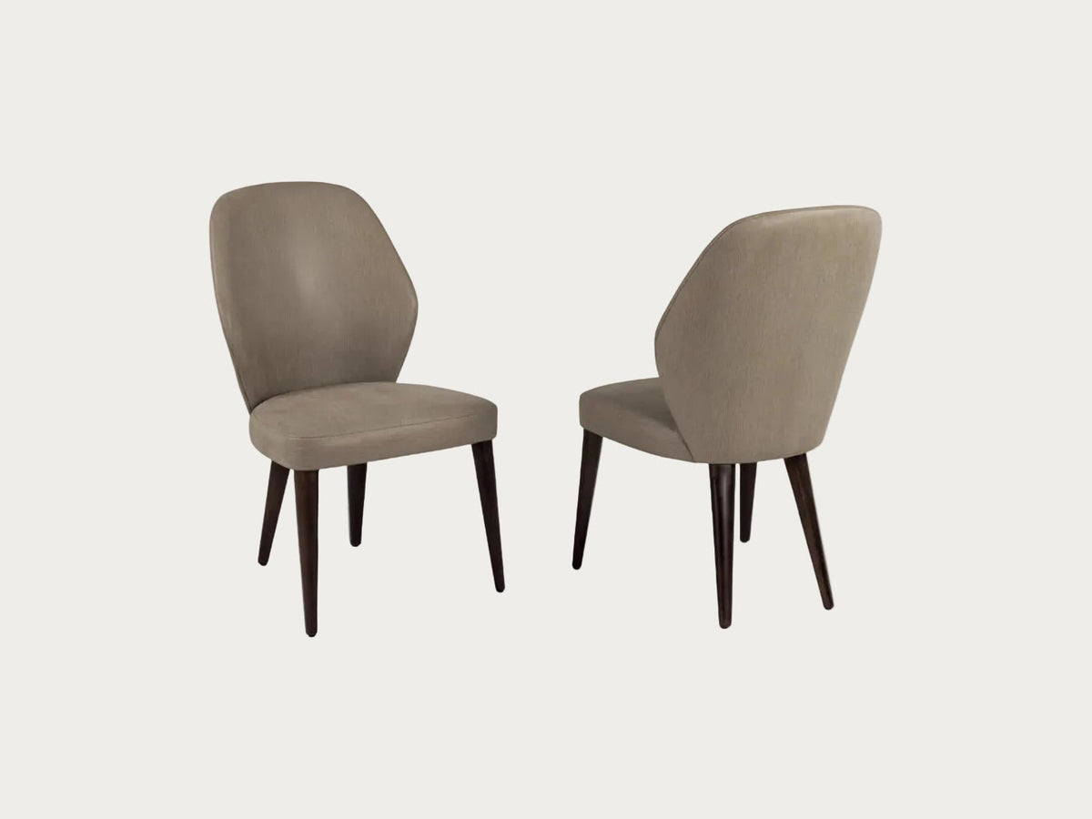 Two Tessa brown upholstered chairs on a white background