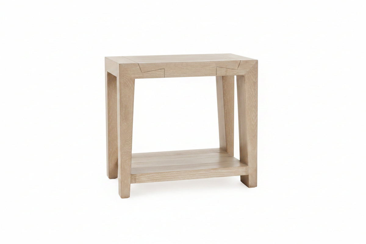 Wooden side table with a shelf on a white background