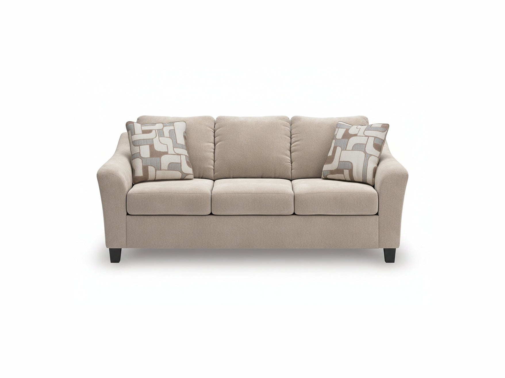 Beige sofa with patterned cushions on a white background