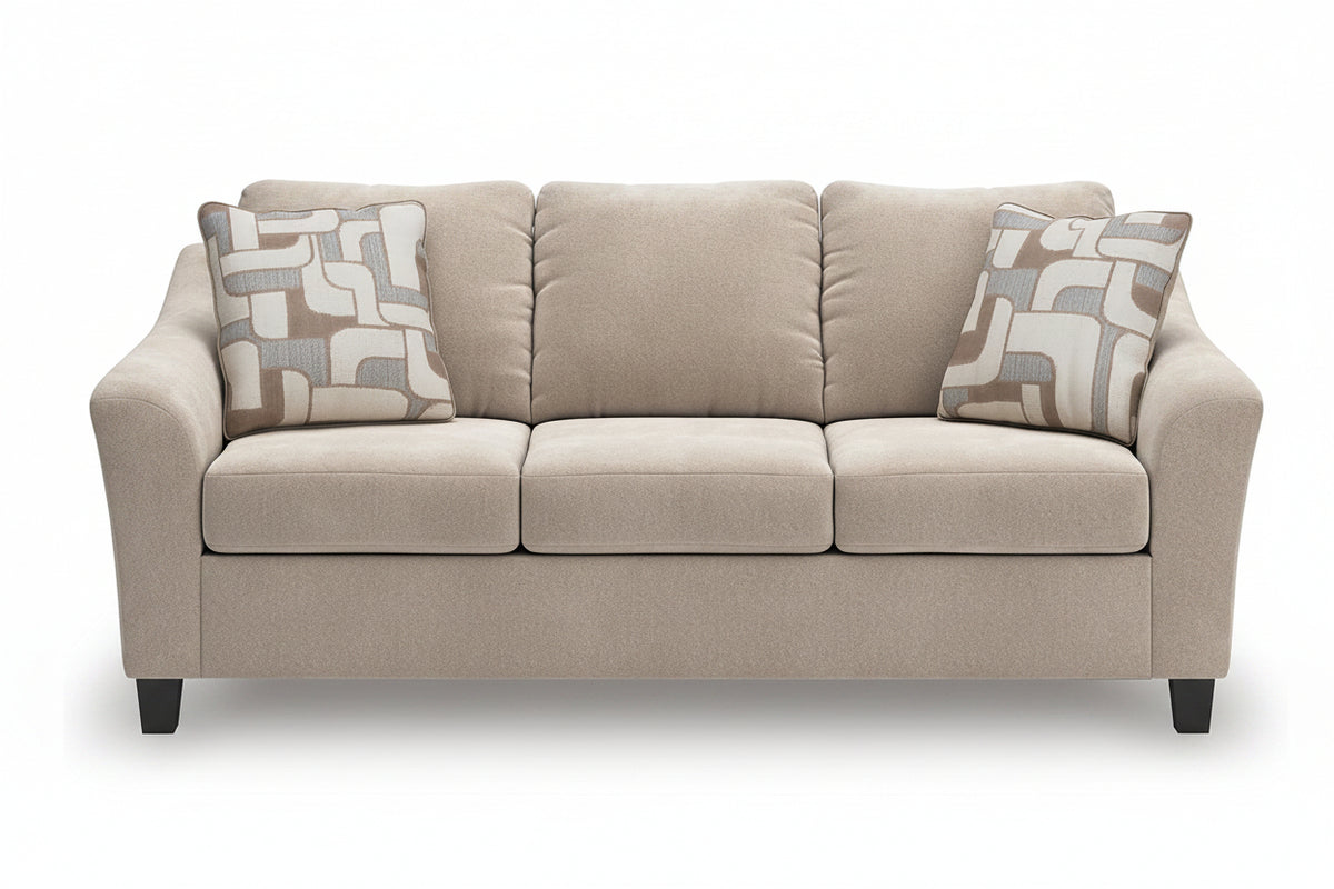 Beige sofa with patterned cushions on a white background