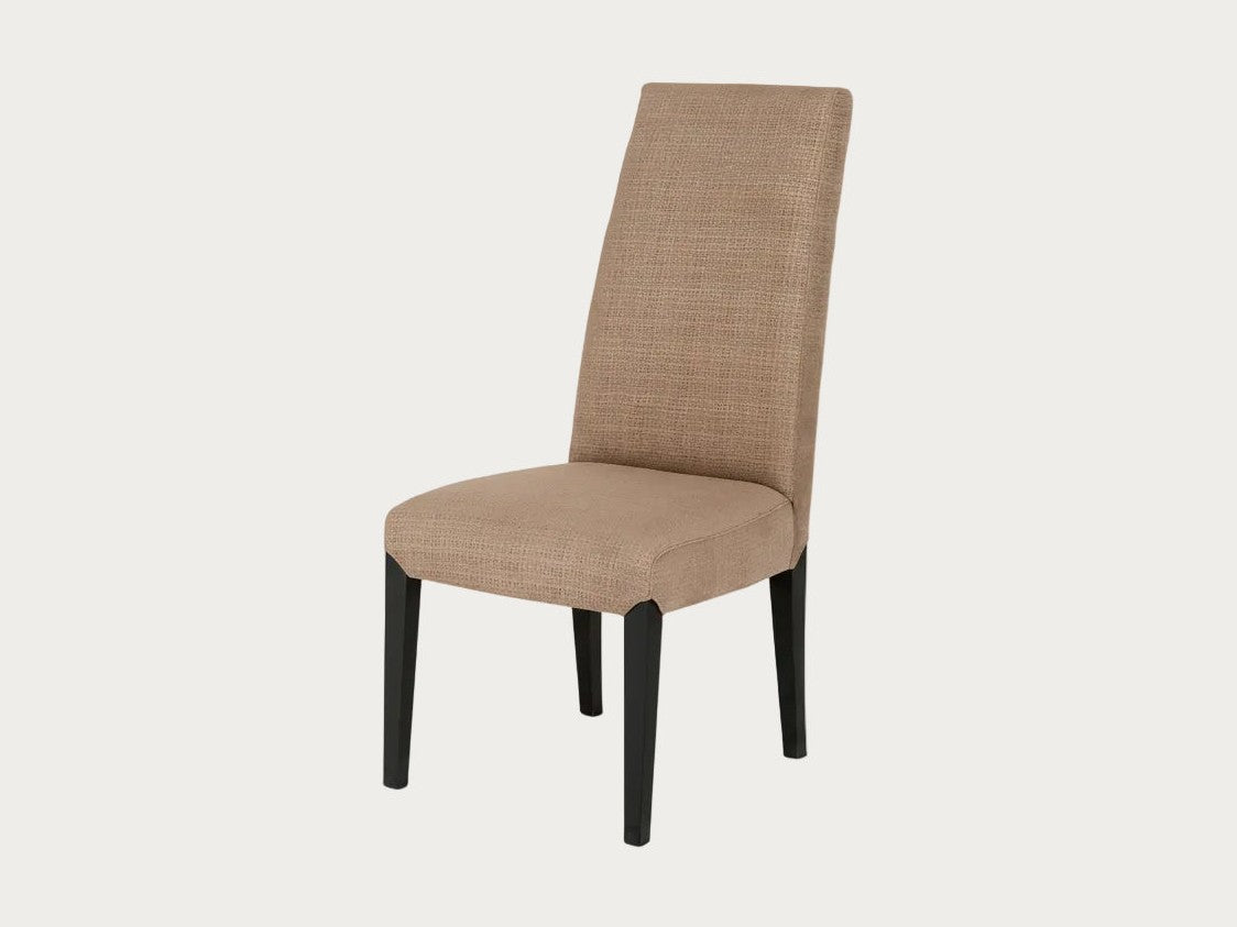 Juliette beige upholstered chair with black legs on a white background