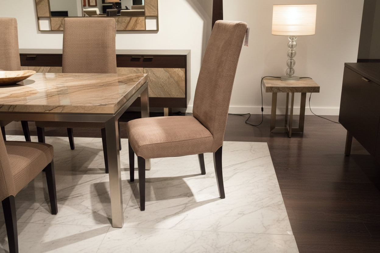 Brown upholstered chair in a dining room setting with a table and chairs.