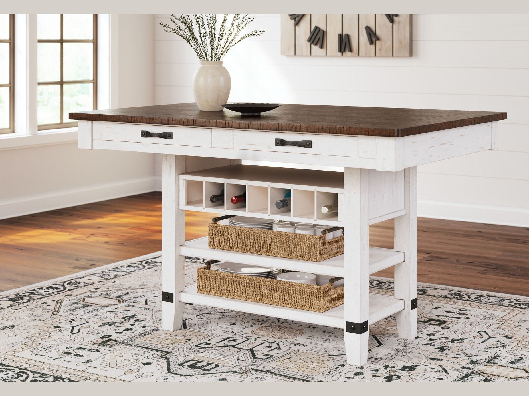 Valebeck - 5 Pc. - Counter Table With Wine Rack, 4 Swivel Stools - White / Brown