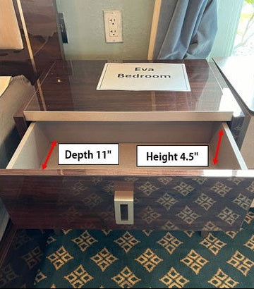 A bedroom furniture measurement graphic showing an open drawer with labeled dimensions: Depth 11" and Height 4.5".
