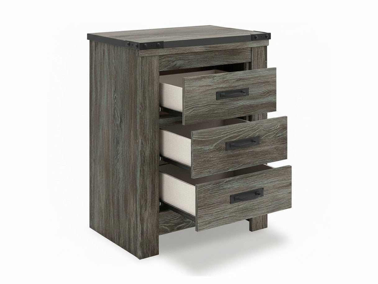 Wooden nightstand with three drawers on a white background