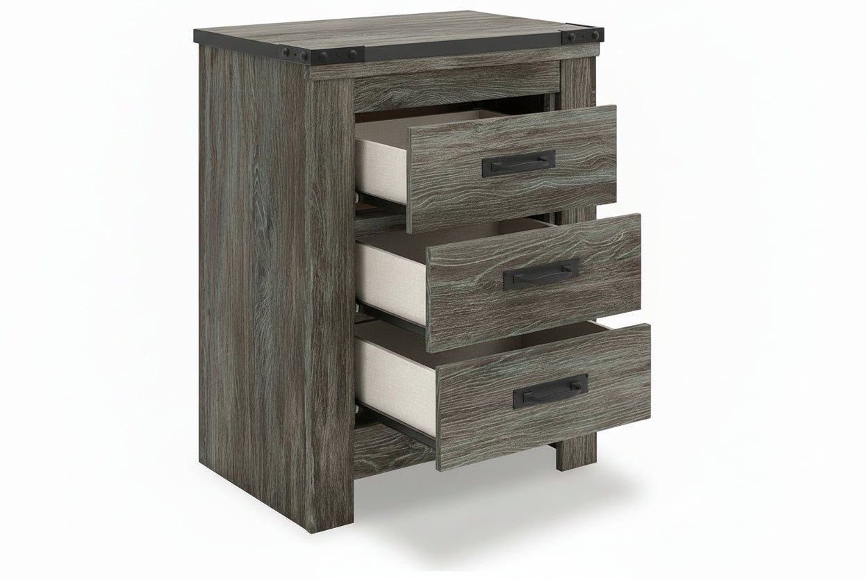Wooden nightstand with three drawers on a white background