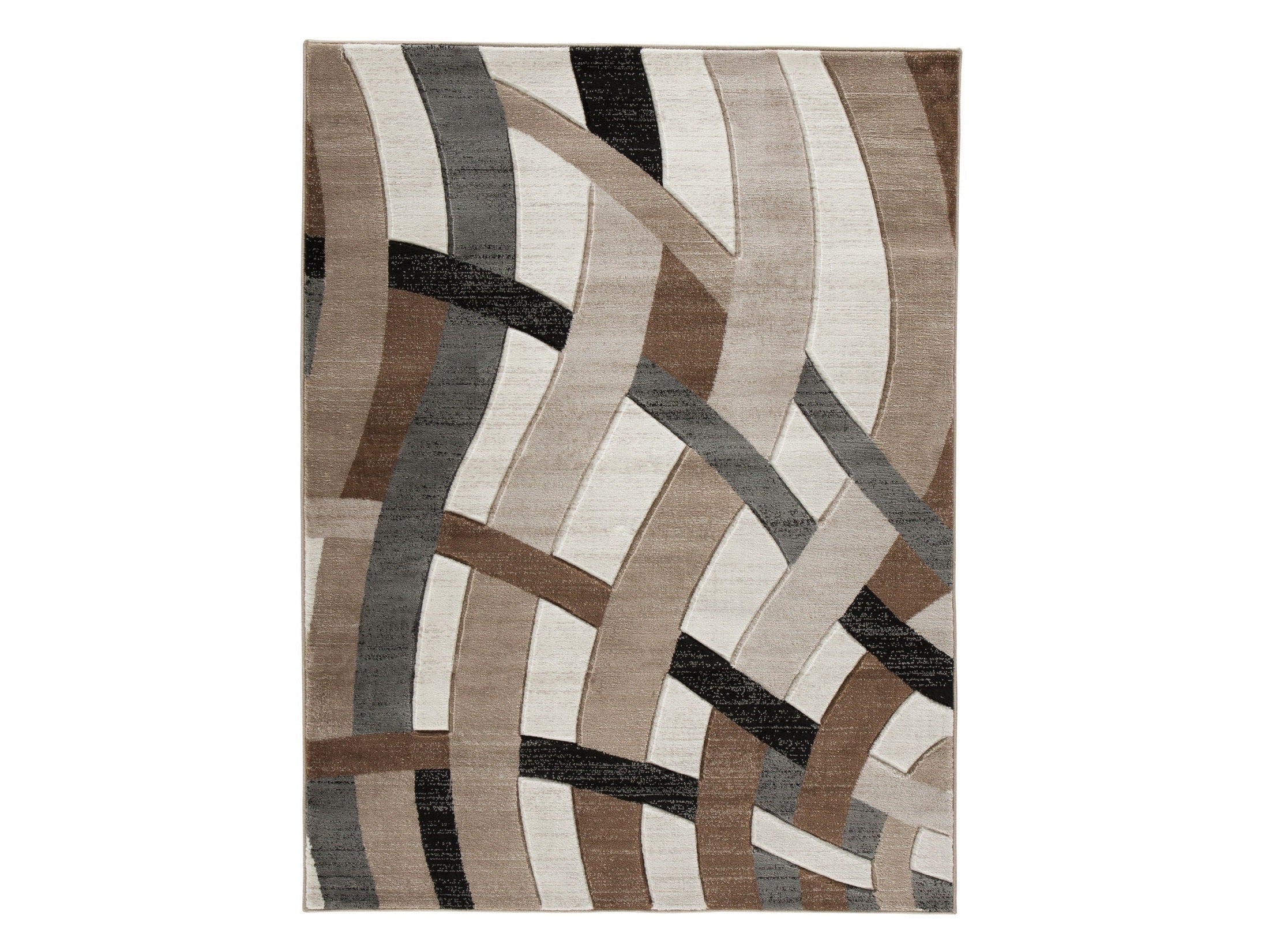 Patterned area rug with wavy lines in brown, beige, and black on a white background