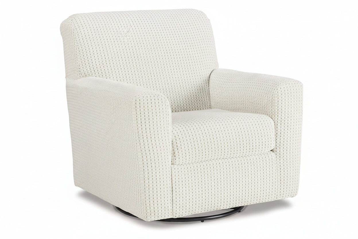 An upholstered swivel armchair with a textured, dotted fabric pattern in off-white/cream. The chair features a high back, wide armrests, and a black circular swivel base, shown against a plain white background.