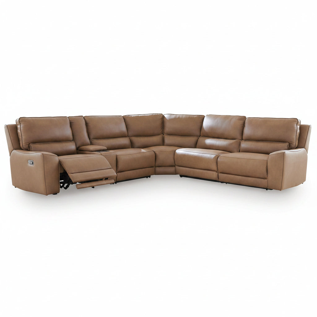 Brown leather sectional sofa on a white background