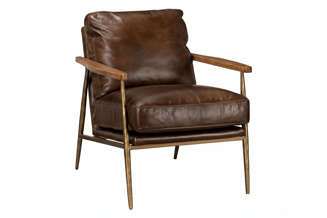 Brown leather armchair with wooden arms and legs on a white background
