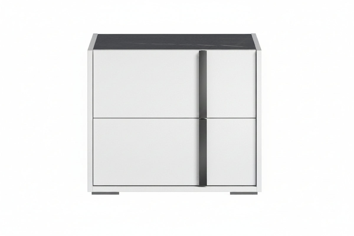 A modern two-door cabinet with a white high-gloss finish, a dark gray stone-look top, and slim vertical dark handles, shown against a plain white background.