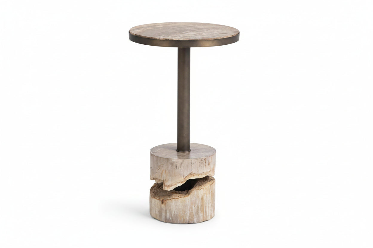 Round side table with wooden top and base on a white background