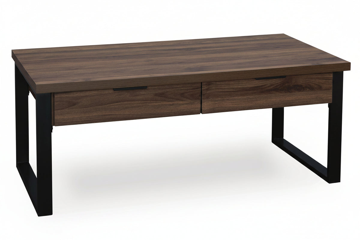Wooden desk with black metal legs on a white background