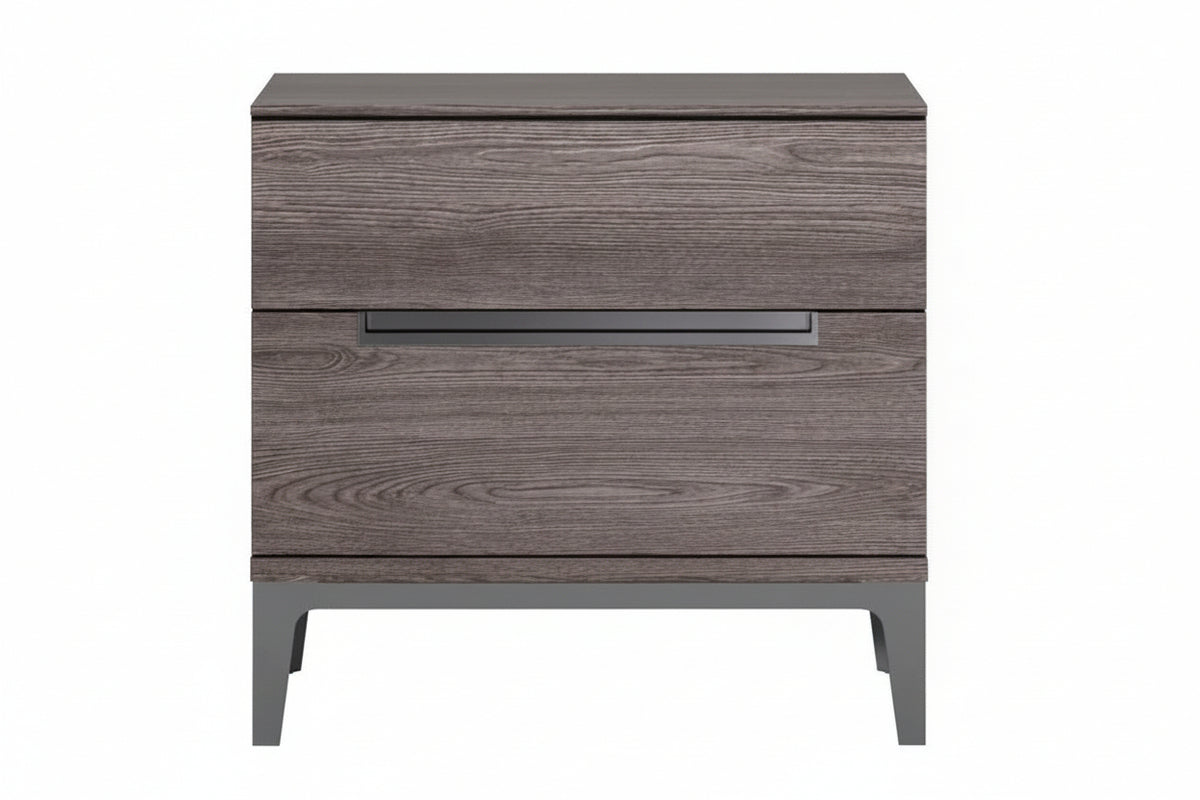 A two-drawer nightstand with a gray-brown wood grain finish and a dark gray metal handle, shown against a plain white background.