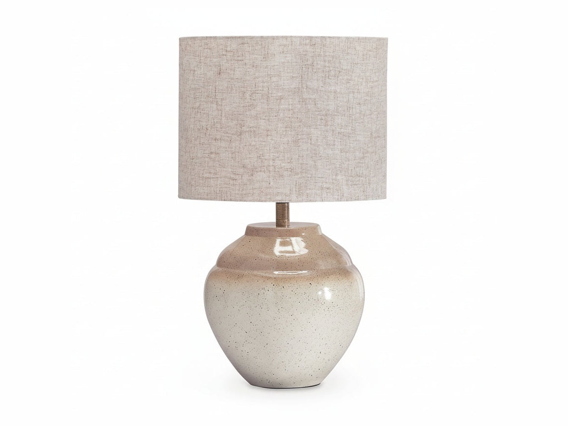 Waldish table lamp with a textured beige shade and ceramic base on a white background