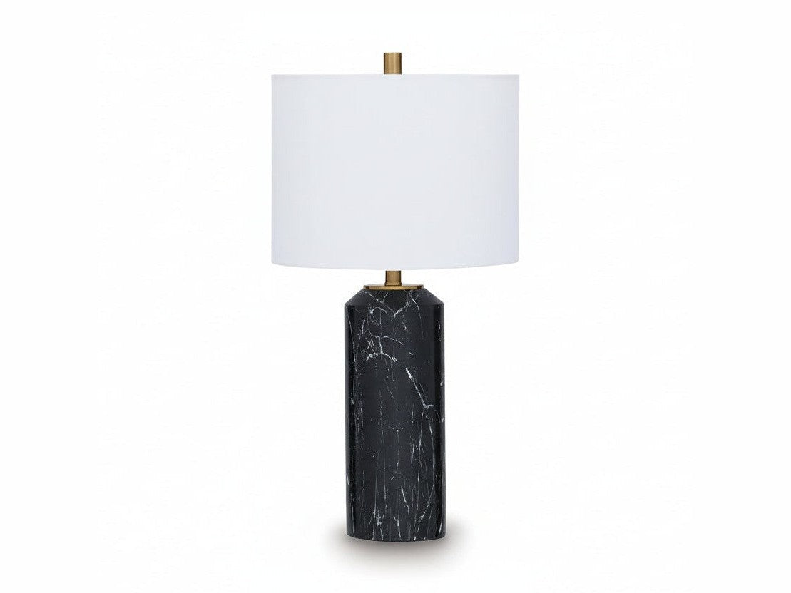 Hanzila table lamp with a black marble base and white shade on a white background.