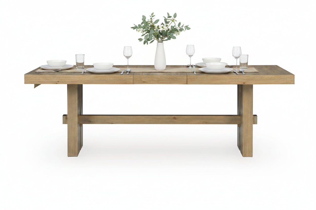 Wooden dining table on a white background