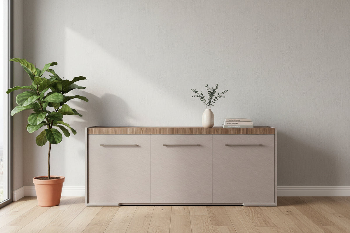 Beige sideboard with wooden top on a white background