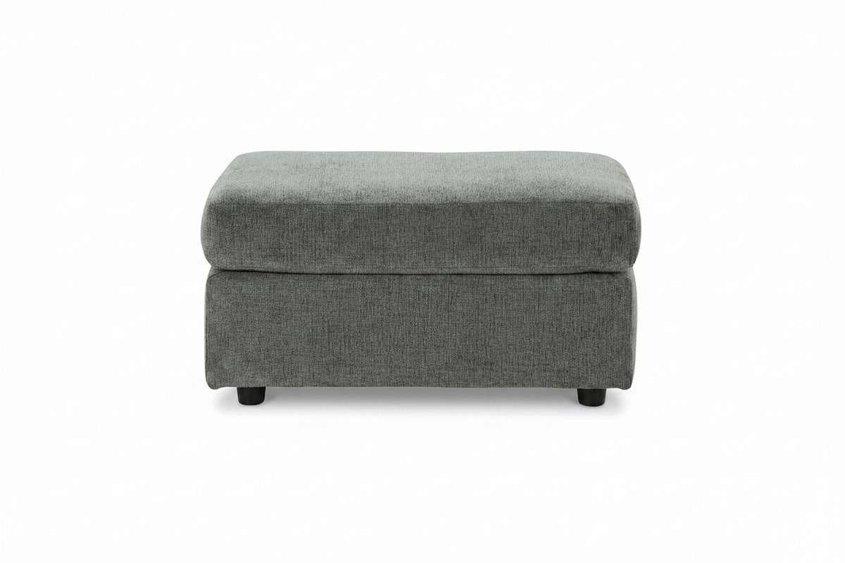 Gray upholstered storage ottoman on a white background