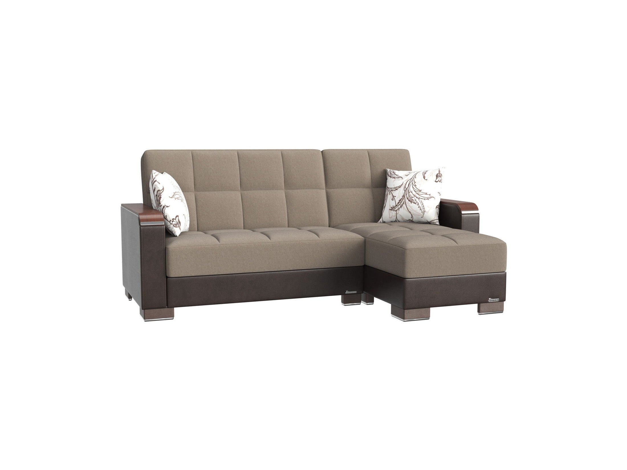 Ottomanson Armada X - Upholstered Convertible Wood Trimmed Chaise Lounge With Storage - Beige/Brown PU Chenille