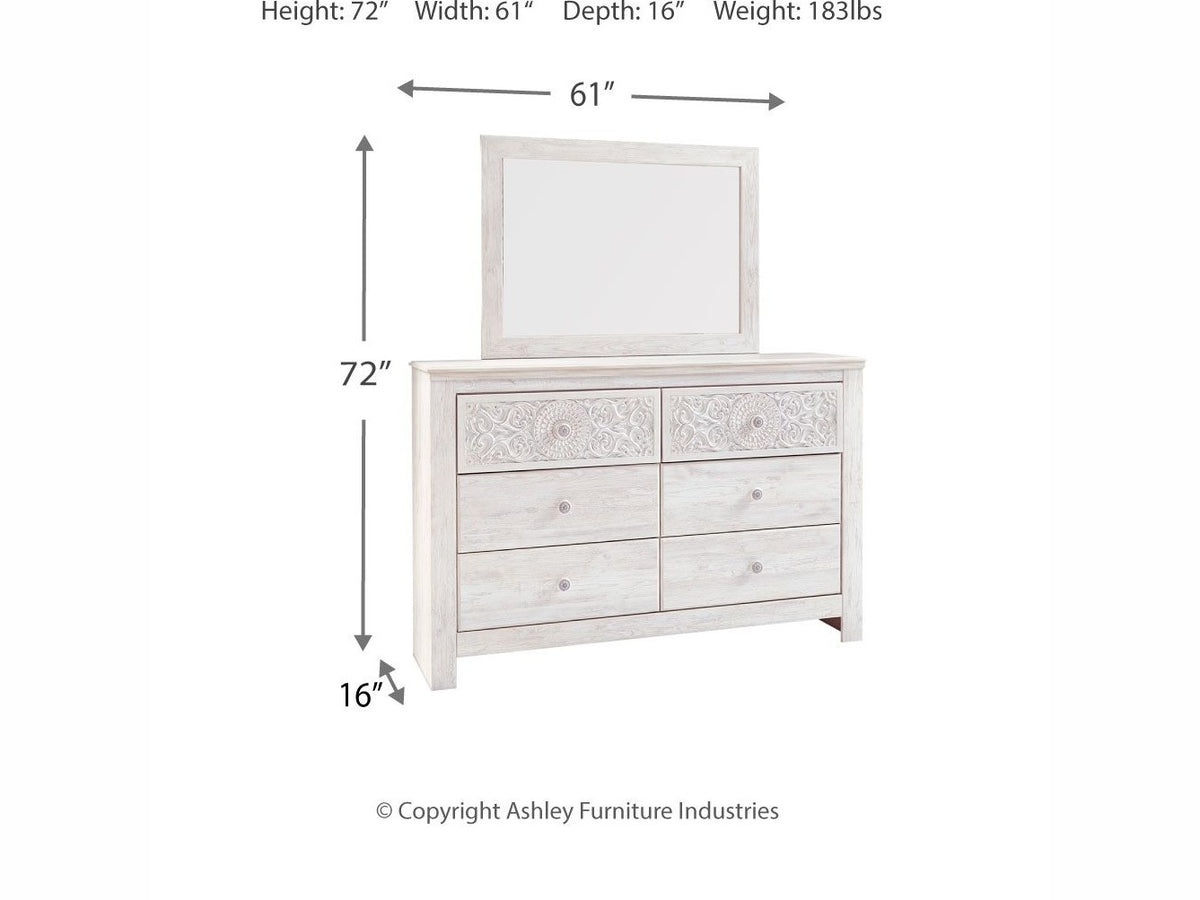 Paxberry - Dresser, Mirror - Medallion Drawer Pulls - Whitewash