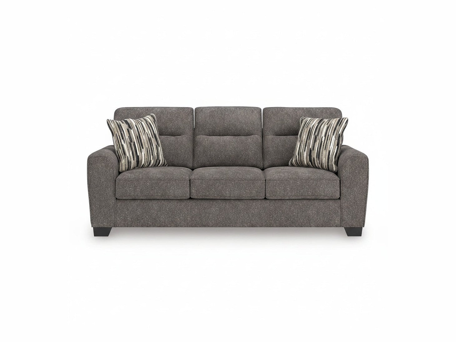 Olten gray sofa with striped cushions on a white background.