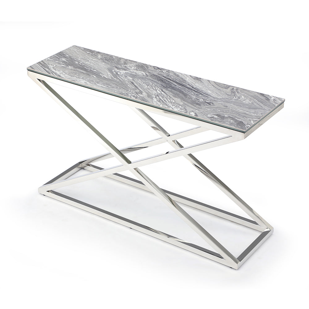 Tristan modern side table with marble top and chrome base on a white background.