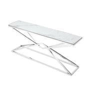 Pyramid modern glass coffee table with geometric design on a gradient background.