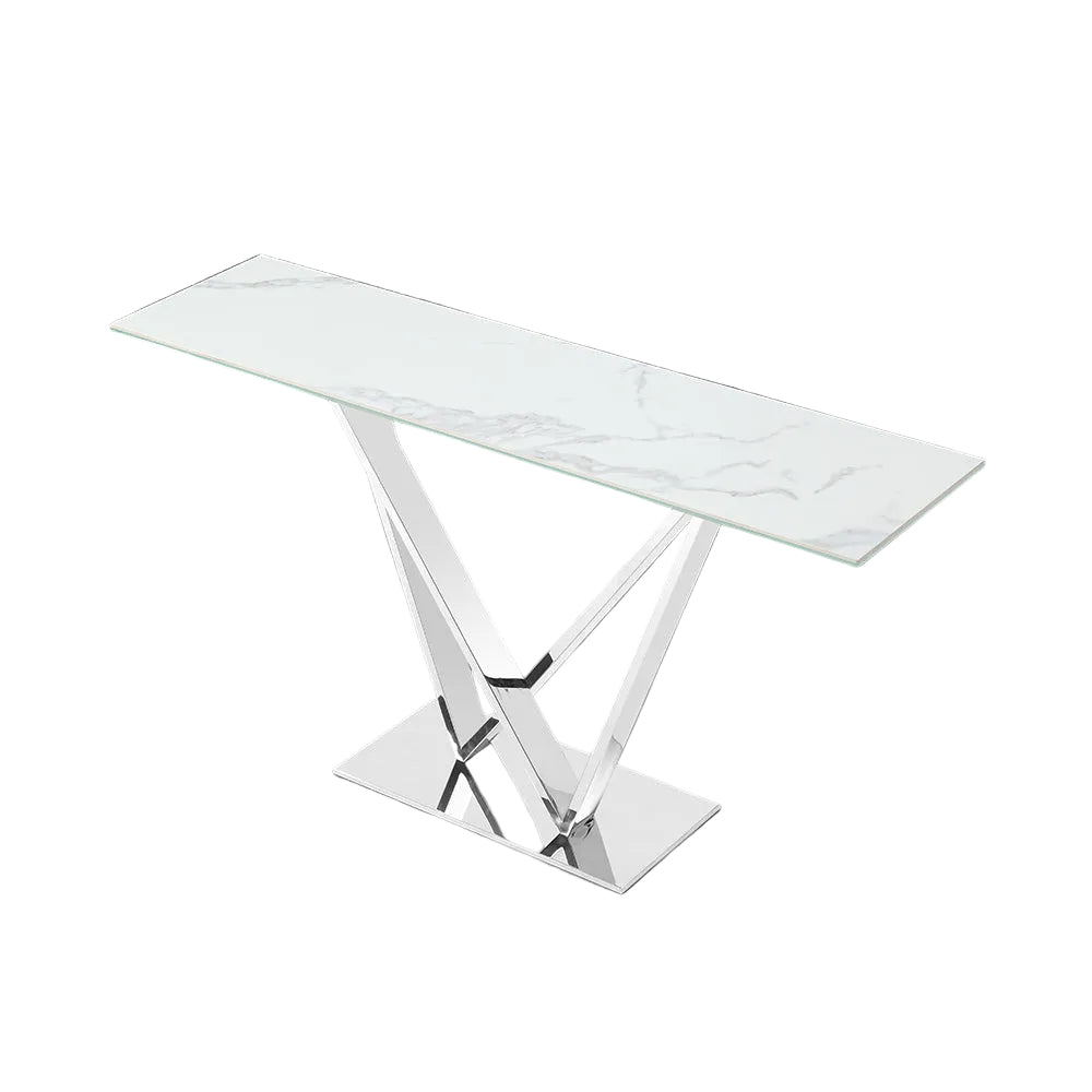 Victory modern console table with a white marble top and metal base on a gray background.