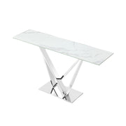 Victory modern console table with a white marble top and metal base on a gray background.