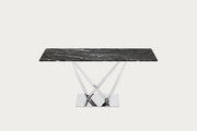 Victory console table with black marble top and silver metal base on a white background.